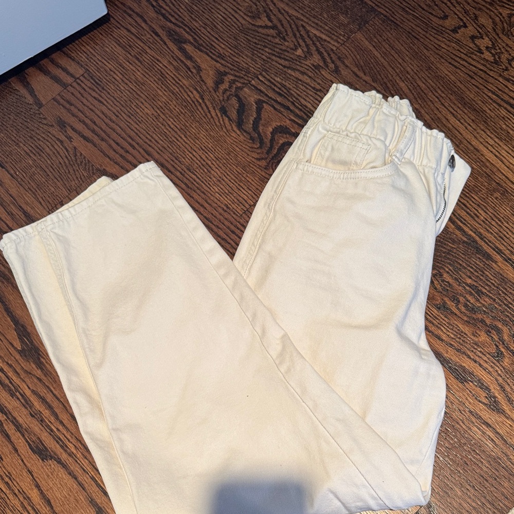 Cream Paper Bag Elastic Waist Jeans